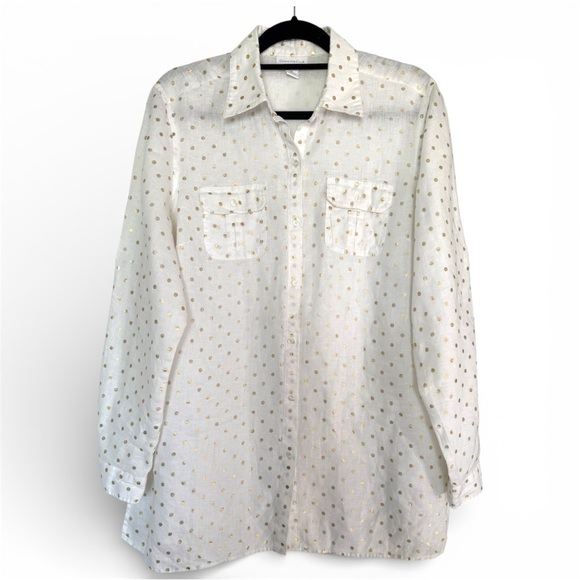 Charter Club Tops - NWOT Charter Club Women’s XL 100% Linen Button Down Shirt Gold Polka Dots Long